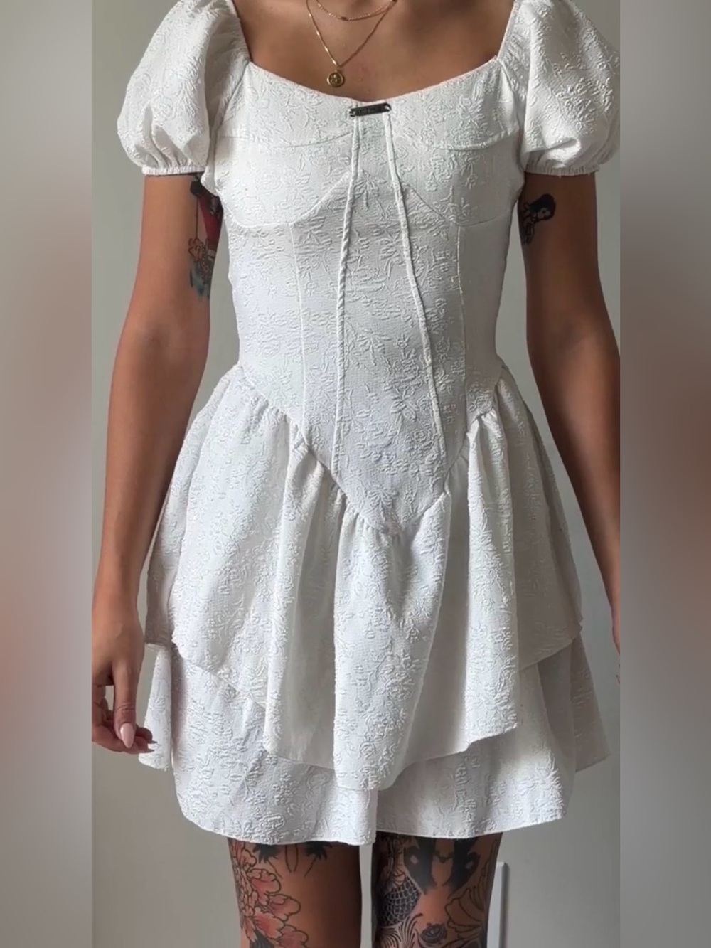 White Textured Puff-Sleeve Mini Dress